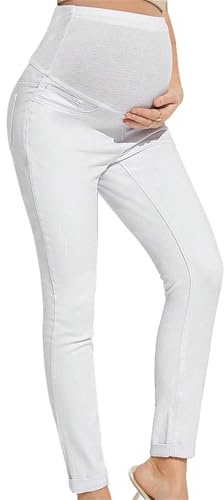 Generisch Lot de 2 jeans de maternité, taille haute, pantalon ventral et hanches, pantalon de grossesse extensible confortable pour femme, pantalon capri décontracté pour le travail, Blanc., L