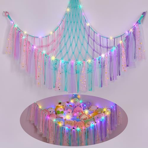 MHJY Hamaca de juguete, red de almacenamiento de animales de peluche, red grande para colgar en la esquina con luz LED, organizador de macramé de felpa tejida a mano con borla para dormitorio de