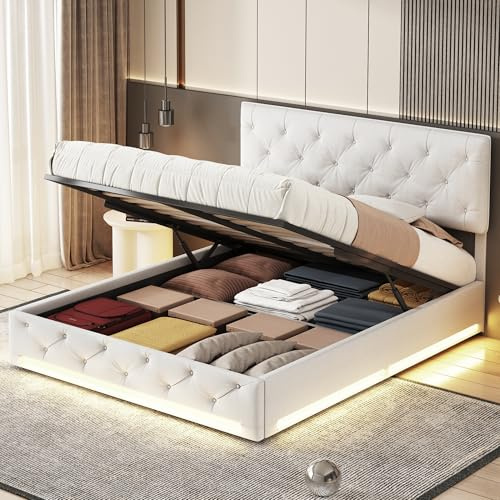 Doppelbett Polsterbett 160x200 mit Bettkasten, LED Bett mit Stauraum und Lattenrost, Verstellbares Kopfteil, Hydraulisch Stauraumbett Jugendbett Bettgestell, Ohne Matratze (Beige Leinen, 160 x 200 cm)