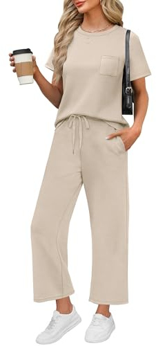 WIHOLL 2 Piece Sets for Women Casual Summer Travel Vacation Outfits Short Sleeve Wide Leg Crop Pants Lounge Sets with Pockets