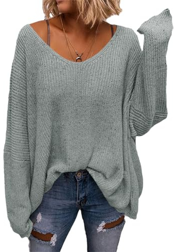 Saodimallsu Women's V-Neck Sweater Loose Fit Sweatshirt Knitted Sweater Long Sleeve Shirts Oversize Tops,Grey,XXL