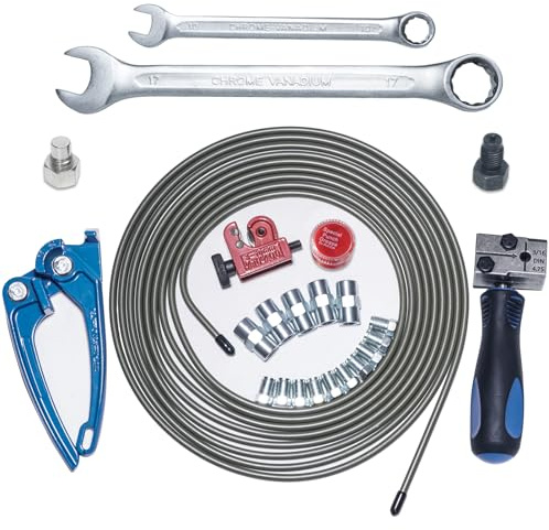 Kit d'outils pour conduites de frein avec 5 mètres de tube de frein Ø 4,75 mm, coupe-tube, pince à cintrer les tubes, outil à évaser, adapté au remplacement des conduites de frein ou hydrauliques