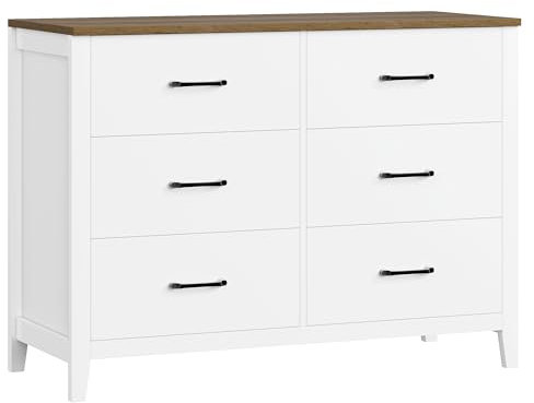 HOCSOK Kommode Weiß, Kommode mit 6 Schubladen, Aufbewahrungsschrank mit Holzplatte für Wohnzimmer Schlafzimmer Jugendzimmer und Flur, Moderne, 100x40x81 cm