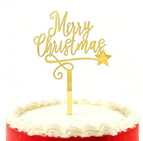 Merry Christmas Cake Topper, Gold Glitter Christmas Cake Decorations for Xmas Party Supplies