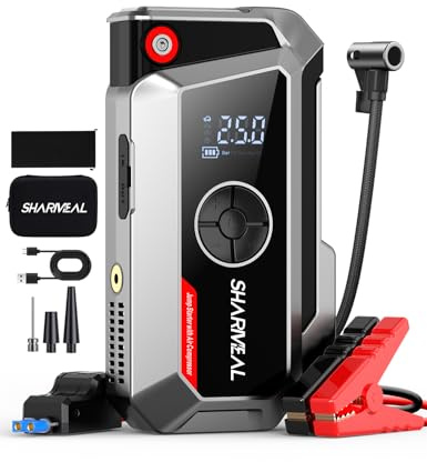 SHARMEAL Arrancador de Baterias de Coche 10000A con Compresor, 250PSI Inflador de Neumáticos, 12V, Arrancador de Coches para Vehículo (Todo Gasolina o 12L Diésel), Pantalla LCD, Luz de Emergencia