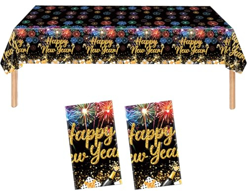 2 Stück Party Tischdecke Silvester Deko 2026,Happy New Year Tischdecke Schwarz Gold Einweg Tisch Tischdeko,Year's Eve Tischfeuerwerk Tischdecken Decoration,Neujahr Frohes Tablecloth für Decorations