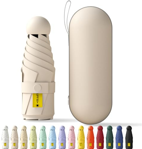 Betrynidil Paraguas Plegable Ultra Compacto y Portátil para Viaje, Protección UV 99% e Impermeable para Hombres y Mujeres Con caja de almacenamiento (Beige)