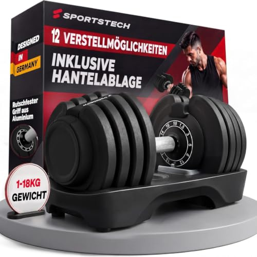 Sportstech Ironmate verstellbare Hantel 18/24/40kg | Kurzhantel mit 12-16 Gewichtsstufen, Schnellverstellung, Hantelablage | Krafttraining Zuhause, rutschfest, platzsparend, Sicherheitsverriegelung