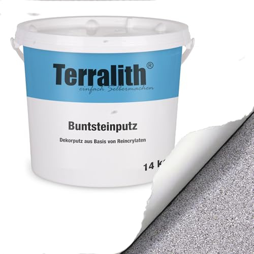 Terralith Buntsteinputz 14kg in weiß, Sockelputz für Innen und Außen mit Reinacrylat Bindemittel aus Naturstein, 1-2mm Körnung (BSP1082)