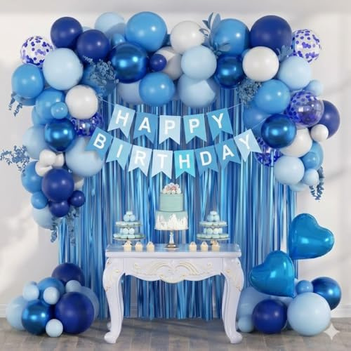Blue Birthday Decorations Kit - 64 Pcs Party Decoration Set with Balloon Chain, Heart Foil Balloons, Latex Balloons, Curtain Backdrop & Happy Birthday Banner - Boys Men Blue Birthday Party Supplies