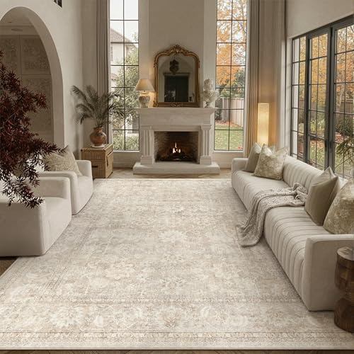 PureCozy Vintage Teppich Wohnzimmer Beige 200x300cm Teppiche Waschbarer | Schlafzimmer Waschbar Carpet,Kinderzimmer Rug,Rutschfest Carpets, Kurzflor,Bettvorleger,BüRo,Esszimmer,Groß Weich