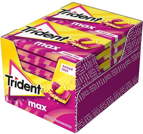 Trident Max Raspberry Lemon- Chicles sin Azúcar con Sabor a Frambuesa y Limón- Paquete de 12 Envases de 27 g