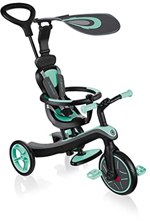 Globber Baby’s Explorer Trike, Premium 4 in 1 Trike System (10mnths-5yrs) with 5 Point Safety Harness, Removable Bar and Adjustable Padded Seat, Sun Canopy, EVA Comfort Wheels, Adaptable Parent Handle