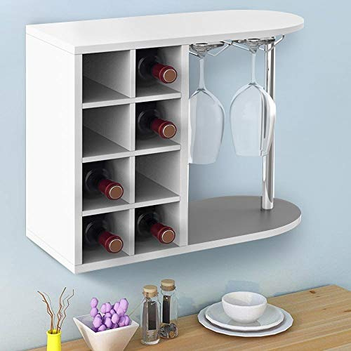 BAKAJI Étagère Cave à Bouteilles à vin pour spiritueux Mural ou Table, Structure en Bois Cave avec 2 étagères 8 Places Porte-Bouteilles et Porte-gobelets en métal 42 x 52 x 28 cm (Blanc)