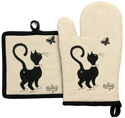 Winkler - Lot gant/manique Dubout Chat Papillon – 100% coton - Protection de cuisine, barbecue, pâtisserie – Dessous de plat en tissu – Illustration dessin français