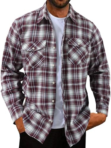 Halfword Checked Shirts Men Flannel Casual Plaid Shirts Cotton Button Down Long-Sleeve Loose-Fit Collared Autumn Winter Red Beige XL