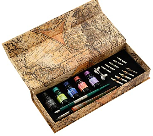 ISAKEN Schreibfeder Tinte Set, Schönschreibfüller Schreiben Tinte Set mit 10 Ersatzspitzen, Antike Kalligraphie Tintenflasche für Kunst, Unterschriften, Handlettering, Dekoration, Geschenk