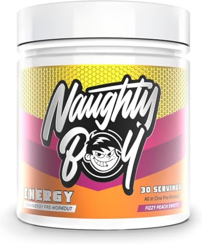 NaughtyBoy Energy Pre-Workout Powder - Fizzy Peach Sweets, 30 Servings, All-in-One Pump, Performance & Focus Formula, 200mg Caffeine,Transparent Formula