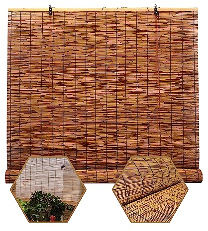 MMleYN Anpassbar Bambus Rollo, Aussen Schilf Vorhang, Garten Bambusrollo 45-165 cm Breit, Wetterfest Sichtschutz Rollo, Natürliche Reed Rollos Mit Lifter Anti-UV, Carbonization Vorhänge