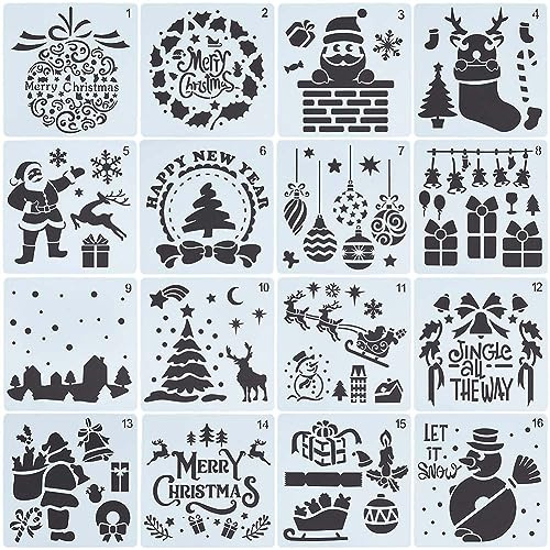 GORGECRAFT 15cm 16 Stile Weihnachtsmann-Schablonen Wiederverwendbar Zum Malen Weihnachten Schablone Kunststoff Zeichenvorlagen DIY Dekorative Socken Geschenke Baum Schneemann Vorlage Basteln