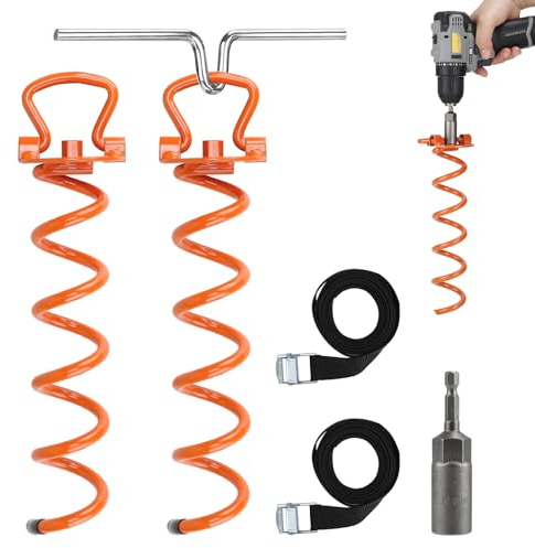 DBREAKS 2 Pcs Anclajes de trampolín, Ancla de Tierra con Ayuda para Atornillar, Anclaje de Suelo para trampolín con Correa Ajustable, Kit de Anclaje de cobertizo, para Tiendas de campaña, Columpios