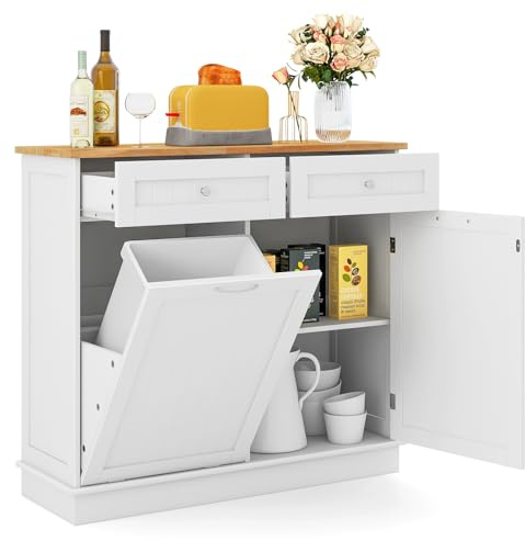 GOPLUS Buffet Cuisine avec 2 Tiroirs Coulissants, 97 x 33 x 90CM, Meuble de Cuisine, Étagère Réglable, Plateau Grand pour Salon, Armoire Inclinable Convient pour Poubelle 42L (Non Inclus) (Blanc)