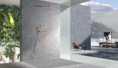 MICE - Conjunto de ducha termostático empotrado con rociador a pared - Griferia termostatica de baño - Conjunto de ducha empotrada - Duchas de diseño Oro Rosa Cepillado GTA052/ORC