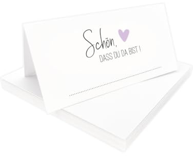 Tischkarten Schön, dass du da bist weiß mit Herz | Farbe wählbar | 25, 50, 100 Stück | selbst beschriften | Namensschilder, Platzkarten | für Hochzeit, Geburtstag uvm (Lila, 25)