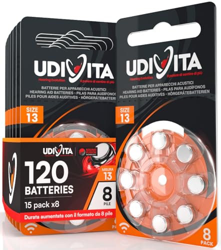 120 Batterie per Apparecchi Acustici Udivita Misura 13 (Arancioni) PR48 con Phono Pulse Technology - 15 Blister da 8 Pile