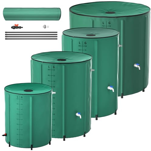 PEILU 200L Faltbare Regentonnen 50 Gallonen Wasserauffangbehälter mit Wasserhahn, Skala & Ablauf Tragbare Regenwassertonne mit Stützstab Grün Wassertank zum Sammeln von Regenwasser Garten Regentank