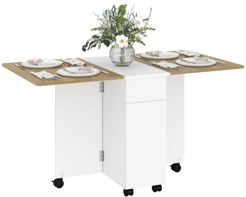 HOMCOM Tavolo da Pranzo Pieghevole per 6 Persone, Bianco e Naturale