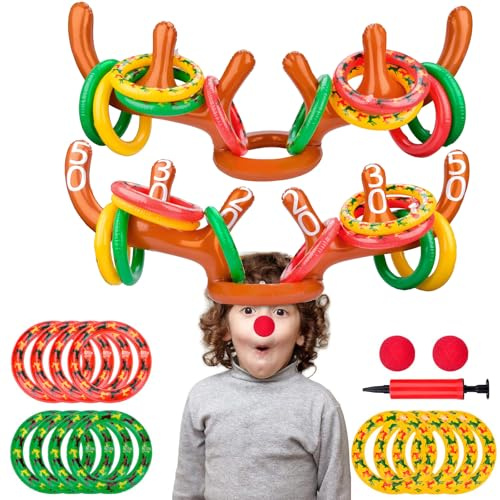 Gioco di lancio ad anelli gonfiabile natalizio, 2 pezzi con 12 anelli, corna di renna, giochi di Natale per tutte le riunioni di famiglia, divertente gioco di lancio