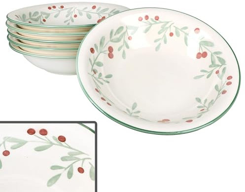 MamboCat 6er Set Holly Suppenteller I 400ml I tiefer Steingut-Teller für 6 Personen mit Mistelzweigen & Beeren für Salat, Suppe, Reis & Pasta an Weihnachten