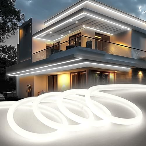 KSIBNW LED Strip Light 5m/16.4ft Outdoor Waterproof, Cool White 320° Glow Neon LED Strip Lights Outside IP65 Flexible 220v-240v Cuttable Rope Strip for Garden Kitchen Outdoor Indoor Decor, 6000K
