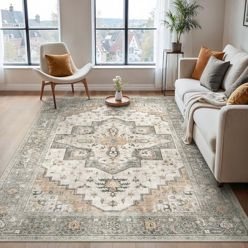 BEIMO Alfombra Salon Pelo Corto Vintage, Alfombra Habitación, Alfombras Antideslizantes Lavables, Alfombras Persas para Dormitorio, Escalera, Beige, 120x170cm