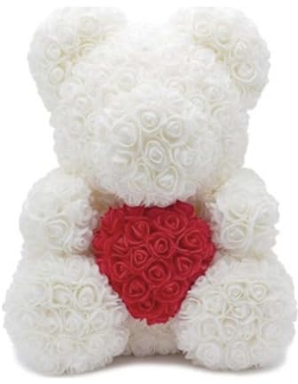 Orso di Rose con cuore rosso 25cm, fatto con Rose, Senza confezione regalo per San Valentino, orsetto per fidanzata, Amica, orsacchiotto, teddy bear in Italia (Bianco Cuore Senza Scatola, 25cm)