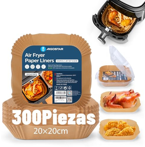 Papel para Freidora de Aire Cuadrado 300 Piezas, 20-24CM Air Fryer Cuadrado Papel de horno, Desechable Antiadherente, para 5-8L Freidora de Aire y Microondas, BPA Free, Aigostar