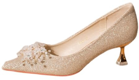 Escarpins pour femme - Chaussures à paillettes argentées - Chaussures de soirée - Petit talon - Chaussures à talons hauts - Chaussures élégantes en dentelle - Chaussures de mariée pour mariages et