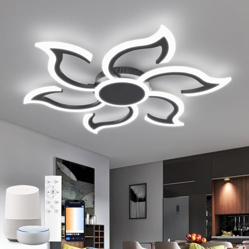YOLEDY Smart WiFi Wohnzimmer Lampe Decke Kompatibel für Alexa & Google Home, Φ88cm Schlafzimmerlampe Modernes Blumen Design, Dimmbar, Speicherfunktion, Led Deckenleuchte für Schlafzimmer, Schwarz
