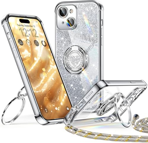 XYZ für iPhone 15 Hülle mit Band, Herzen Doppelring Ständer | Luxus Glitzer HandyHülle Kameraschutz, Frauen Stoßfest Elektroplattiert Case Soft TPU SchutzHülle Clear, Silber