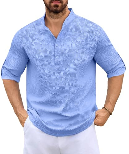 Lishang Camisa de Lin Hombre Manga Larga Camisas Verano Informal Casual Top Camisa de Ocio Playa Color Sólido T-Shirt Suelta Regular Fit Elegante