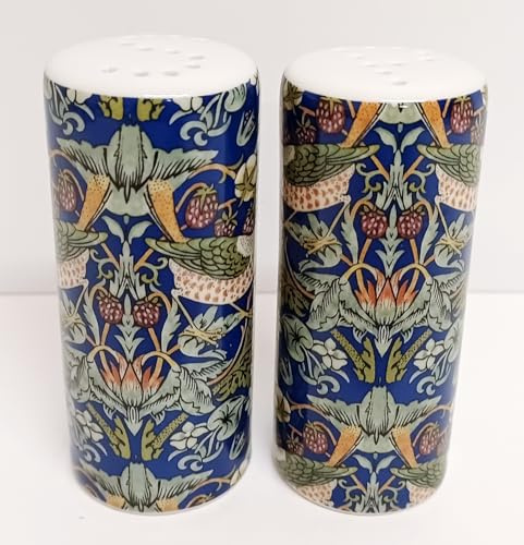 William Morris Strawberry Thief Blue Salt & Pepper Set Round Porcelain Shakers Birds Garden Fantasy Hand Decorated UK