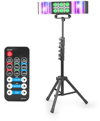 Fuzzix DerbyStar2 Partybar – Discolicht Partylicht mit Doppel Derby, inkl. 170cm Stativ & Fernbedienung, RGB-UV Disco PAR Bühnenbeleuchtung & Stroboskop Blitzer, DJ Beleuchtung, Schwarz