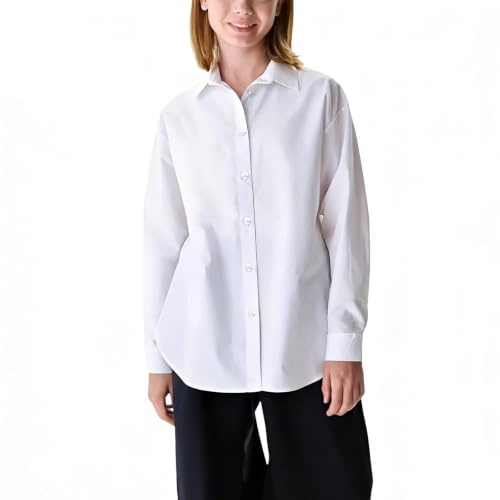 LXEASYGO Girls School Shirt Long Sleeve Blouse Regular Fit Easy Iron White and Blue School Uniform Tops for Children 5-16 Years (UK, Age, 11 Years, 12 Years, Regular, White)