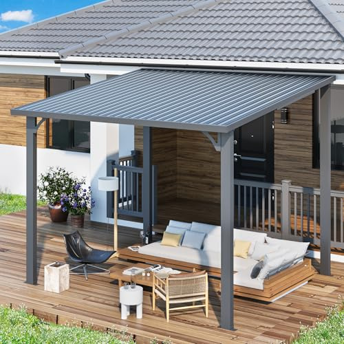 YODOLLA Pergola Adossée Aluminium 2.4 x 3m, Gazebo à Toit Rigide, Pergola Murale pour Terrasse Extérieur, Pavillon de Jardin, Toit Incliné pour Ombre - Résistant aux UV & Intempéries - Noir
