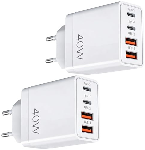 40W EU Travel Charger, European Plug Adaptor with 2 USB C Ports and 2 USB A Ports, Fast Charging UK to Europe Mains Adaptor for iPhone Samsung Smartphones 2PC