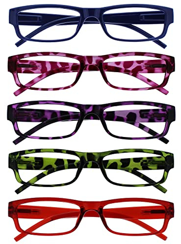 The Reading Glasses Company OPULIZE ACE Lesebrille für Damen und Herren - 5er-Pack - Schmaler Rechteckiger Rahmen - Komfort Federscharniere - Kratzfest - Blau Rosa Lila Grün Schildpatt Rot +1.00