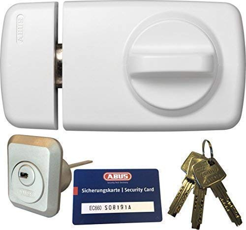 ABUS Tür-Zusatzschloss 7010 W weiß, EC660, Kastenschloss mit Drehknauf, mit 3 Schlüssel und Sicherungskarte, Ausführung EK (Metallausführung)
