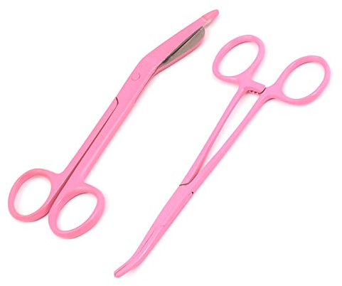 Precise Canada: Set of 2 Lister Bandage Scissors 5.5 + Hemostat Forceps Curved 5.5 Full Pink Color Stainless Steel