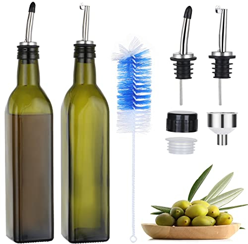 HOTOOLME 2PCS Olivenöl Flasche 500ML Ölflasche mit Ausgießer, Bürste, Oil Dispenser, ölflasche glas zum befüllen Anti-Schmutz Verschluss Auslaufsicher und Tropffrei zum Kochen, Salat